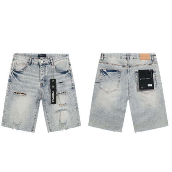 Light Blue Washed Denim Shorts with Leopard Print Lined Multi-Rip Distressing